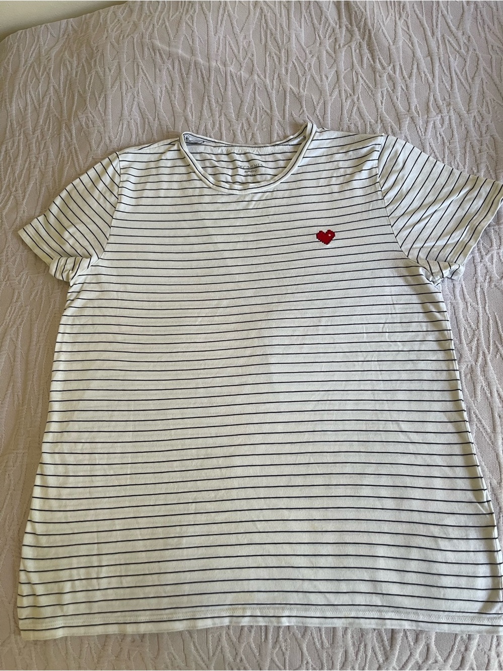 Striped White and Black Tee with Red Heart Accent